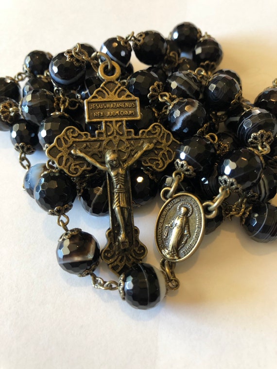 Large Black Faceted Striped Agate in Bronze 10mm 5 Decade Bead Rosary Made in Oklahoma