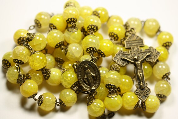 Coffee Table Rosary - Large 12mm Striped Green Agate and Bronze Handmade Rosary Handmade in Oklahoma 5 decade Pardon Crucifix