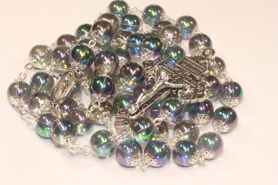10mm Prizm Glass Rainbow Rosary in Silver with Pardon Crucifix made in Oklahoma