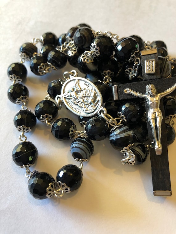 Large Saint Michael and Gaurdian Angle (two sided center) Black Striped Agate in silver 10mm 5 Decade Bead Rosary Made in Oklahoma