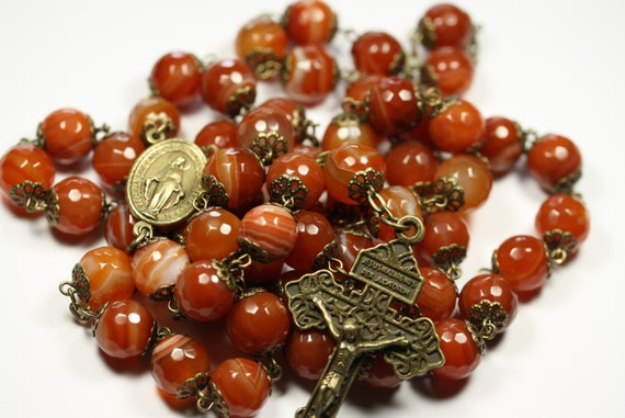 Coffee Table Rosary - Large 12mm Faceted Orange Striped Agate and Bronze Handmade Rosary Handmade in Oklahoma 5 decade Pardon Crucifi