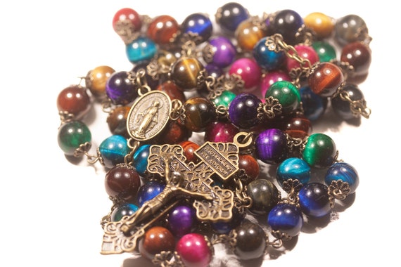 10mm Non-Faceted Multi Color Tiger eye Rosary in Bronze with Pardon Crucifix Handmade in Oklahoma
