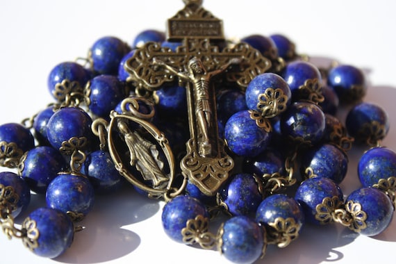 Lapis and Bronze oversized 10mm rosary with Pardon Crucifix