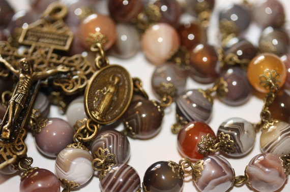Smooth Bead10mm Botswana Agate Rosary in Bronze Made in Oklahoma with Pardon Crucifix