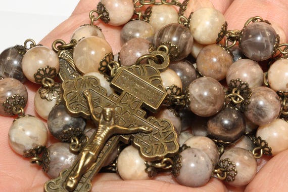 10mm Black Moonstone Rosary in Bronze with a Pardon Crucifix Handmade Oklahoma