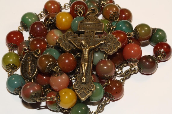 Large 10mm Peacock Agate and Bronze Bead Rosary handmade in Oklahoma with Pardon Crucifix