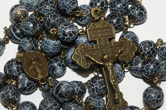 10mm Black Weathered Agate Rosary in Bronze with a Pardon Crucifix Handmade in Oklahoma