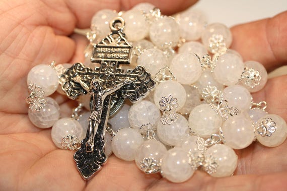 Handmade White Cracked Agate Rosary with Silver Crucifix (10mm Beads)