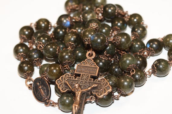 10mm Handmade Labradorite Rosary: Copper Pardon Crucifix, Miraculous Medal, Oklahoma