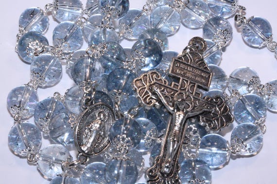 10mm Blue Crystal Rosary in Silver with Pardon Crucifix handmade in Oklahoma