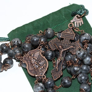 Large Copper St. Michael Larvikite 10mm 5 Decade Bead Rosary with a Pardon Crucifix Made in Oklahoma