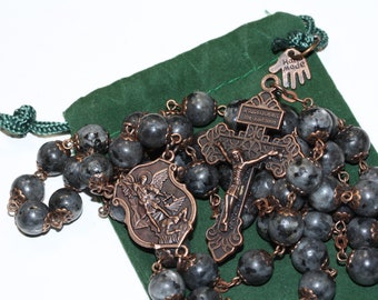 Large Copper St. Michael Larvikite 10mm 5 Decade Bead Rosary with a Pardon Crucifix Made in Oklahoma