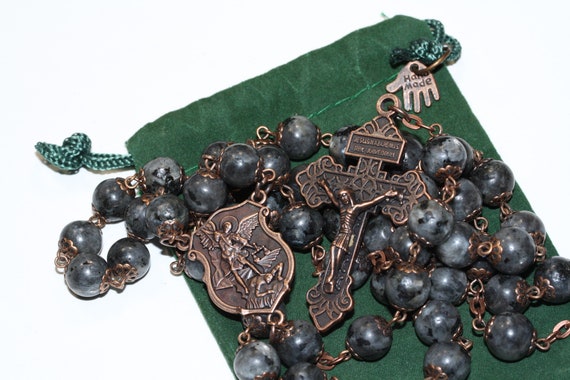 Large Copper St. Michael Larvikite 10mm 5 Decade Bead Rosary with a Pardon Crucifix Made in Oklahoma