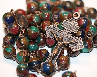 10mm Goldstone and Multicolor Rosary in Copper with Pardon Crucifix made in Oklahoma