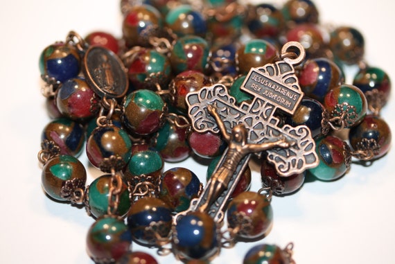 10mm Goldstone and Multicolor Rosary in Copper with Pardon Crucifix made in Oklahoma