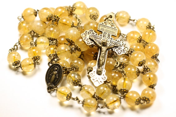 Large  10mm Citrine and Bronze Handmade Rosary Handmade in  Oklahoma 5 decade Pardon Crucifix