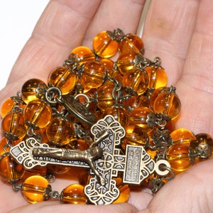Large  10mm Citrine and Bronze Handmade Rosary Handmade in  Oklahoma 5 decade Pardon Crucifix