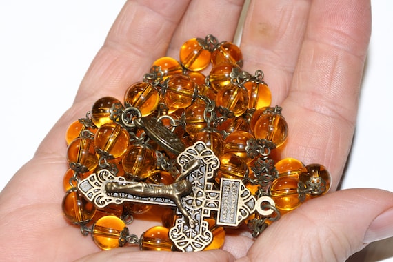 Large  10mm Citrine and Bronze Handmade Rosary Handmade in  Oklahoma 5 decade Pardon Crucifix