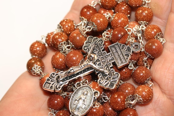 10mm Goldstone Rosary in Silver with a Pardon Crucifix and made in Oklahoma