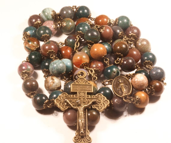 Large 10mm Fancy Jasper in Bronze Handmade Rosary Handmade in  Oklahoma 5 decade Pardon Crucifix