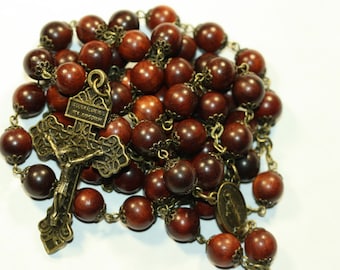 Large 10mm Rosewood  Wood Rosary in Bronze made in  Oklahoma 5 decade Pardon Crucifix very very light weight