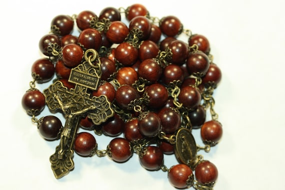 Large 10mm Red Wood Rosary in Bronze made in Oklahoma 5 decade Pardon Crucifix very very light weight