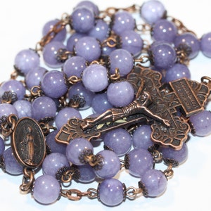 Standard 8mm Nonfaceted (smooth) Lavendar Chalcadony Bead Rosary in Bronze with a Pardon Crucifix made in Oklahoma