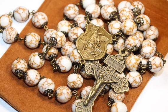 St. Michael Gold Vein Stone Bead Rosary, 10mm Bead, Bronze Pardon Crucifix & Miraculous Medal Handmade in Oklahoma