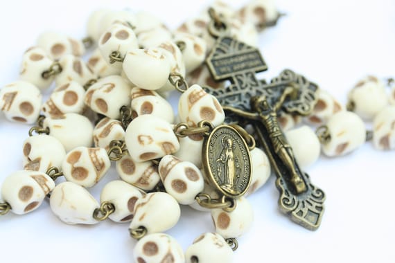 Memento Mori Skull Rosary: Bronze Pardon Crucifix, Handmade Catholic Beads
