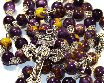 Large 10mm Nonfaceted (Smooth) Purple and Gold Agate in Silver Rosary made in Oklahoma