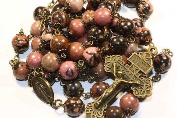 10mm Black Line Rhodonite Bead Rosary in Bronze made in Oklahoma