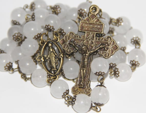 Large 10mm White Jade and Bronze Handmade Rosary Handmade in Oklahoma 5 decade Pardon Crucifix