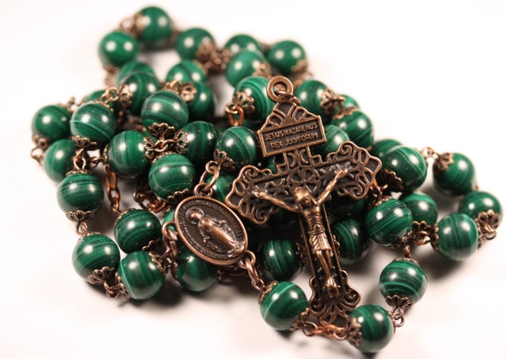 10mm Malachite  Rosary in Copper with Pardon Crucifix made in Oklahoma