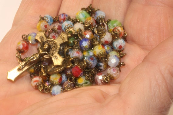 Tiny 4mm Faceted Millefiori Rosary in Bronze Handmade in Oklahoma