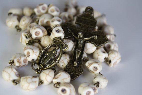 Day of the Dead All Souls Day Rosary 10mm Magnasite Skull in Bronze with a Pardon Crucifix Cross Catholic Handmade in Oklahoma