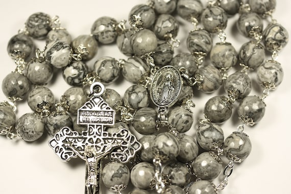 Large Gray Lace Jasper in Silver 10mm 5 Decade Bead Rosary Made in Oklahoma
