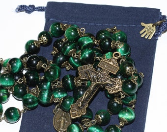 10mm Green Tiger's Eye Rosary in Bronze with a Pardon Crucifix handmade in Oklahoma