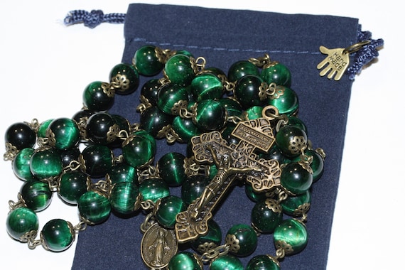 10mm Green Tiger's Eye Rosary in Bronze with a Pardon Crucifix handmade in Oklahoma