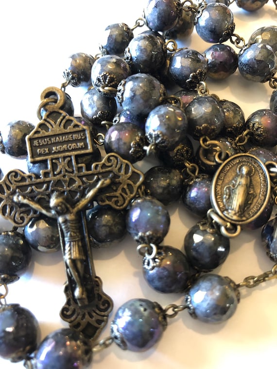 Large Larvakite with Aurura Borialis or Rainbow finsh in Bronze 10mm 5 Decade Bead Rosary Made in Oklahoma