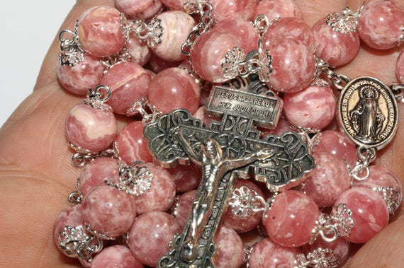 10mm Peruvian Striped Rhodochrosite Bead Rosary in Silver made in Oklahoma