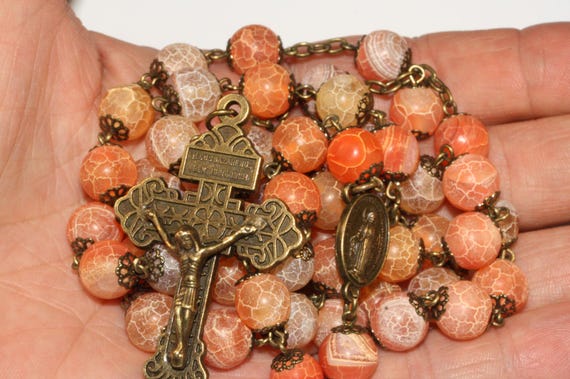10mm Orange Weathered Agate Rosary in Bronze with a Pardon Crucifix Handmade Oklahoma