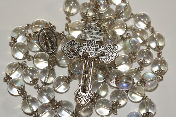 10mm Clear Prizm Glass Rosary in Silver with Pardon Crucifix made in Oklahoma