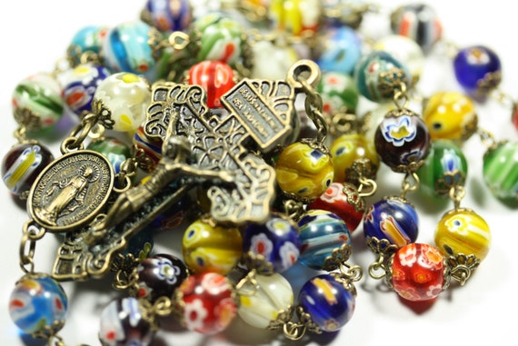 Large 10mm Nonfaceted (Smooth) Millefiori (French Glass "Million Flower") in Bronze Rosary made in Oklahoma - Easter Special