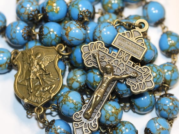 St. Michael Blue Gold Vein Stone Bead Rosary, 10mm Bead, Bronze Pardon Crucifix & Miraculous Medal Handmade in Oklahoma