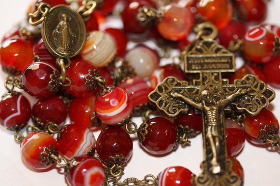 Large 10mm Red Striped Agate Rosary in Bonze with a Pardon Crucifix Made in Oklahoma