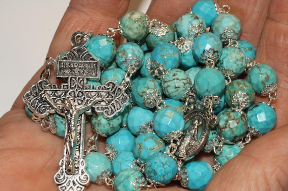 Large 10mm Faceted Turquoise Blue Howlite Stone Rosary in Silver handmade in Oklahoma