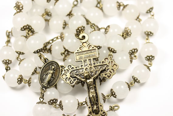 Large 10mm White Jade and Bronze Handmade Rosary Handmade in  Oklahoma 5 decade Pardon Crucifix