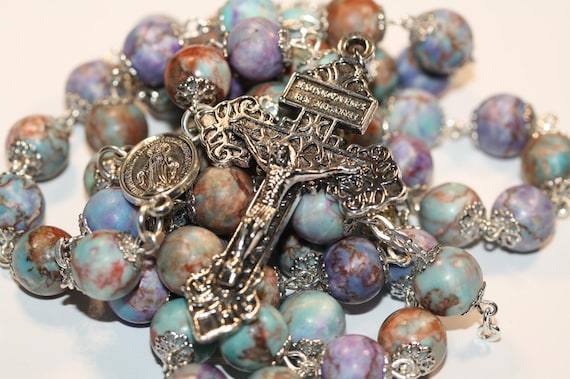 Large Imperial Jasper Rosary: 10mm Beads, Silver Crucifix, Miraculous Medal (Handmade)