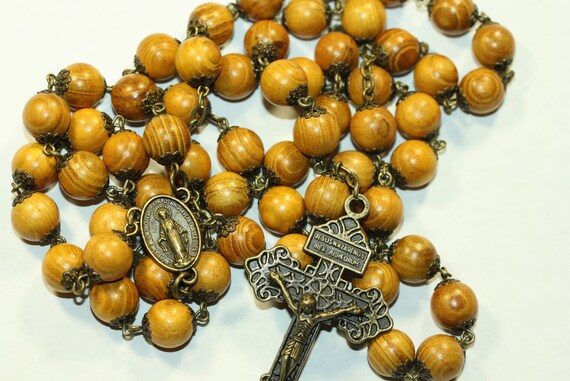 Large 10mm Blond Wood Rosary in Bronze made in Oklahoma 5 decade Pardon Crucifix very very light weight