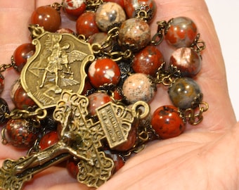 Large 10mm Apple Jasper Rosary in Bronze With St. Michael Center and Pardon Crucifix Handmade in Oklahoma